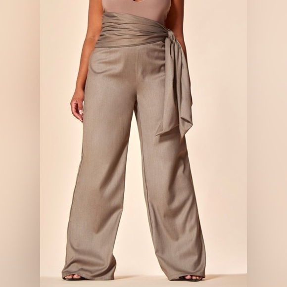 PrettyLittleThing Label Grey Dress Pant Wrap Waist Tailored Wide Leg Trouser NWT - Picture 1 of 7